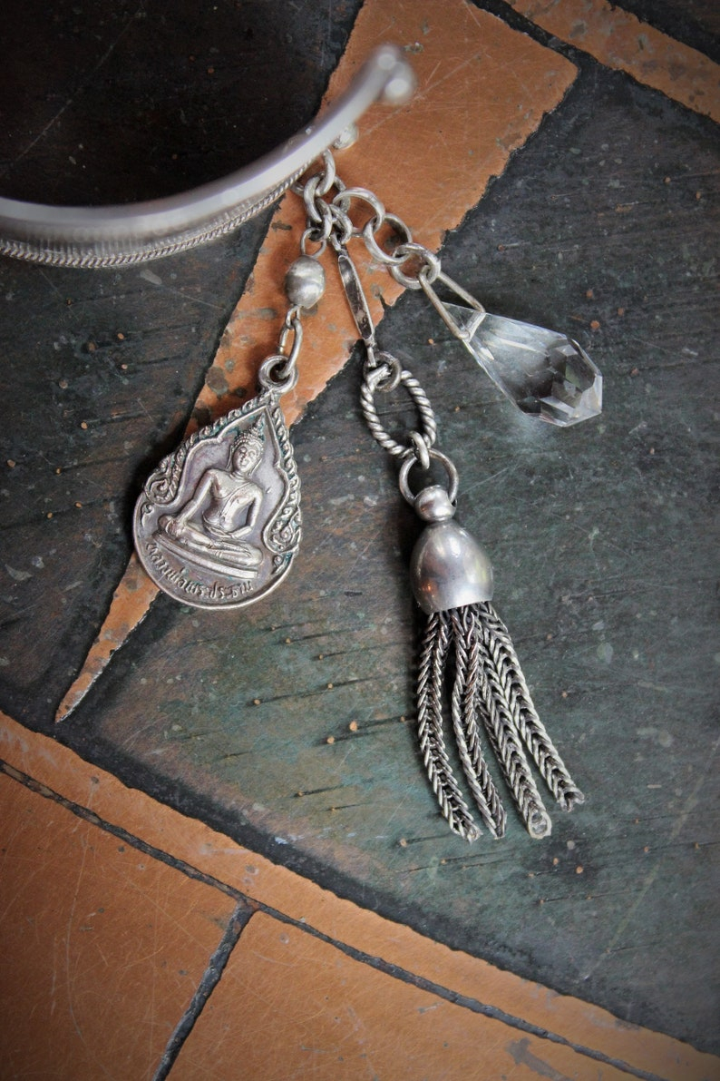 OOAK Antique Sterling Engraved 5 Buddha Cuff Bracelet w/Antique Silver Buddha Medal,Antique Faceted Crystal,Foxtail Chain Tassel
