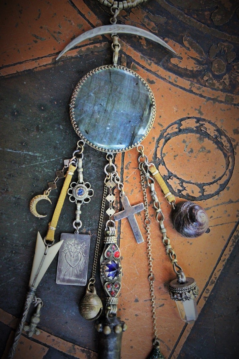 Gypsy Spirit Forgiveness Necklace w/Antique Loomed Cotton & Button "Chain",Incredible Labradorite Stone,Sterling 3 Swords Medal,Antique Scabbard,+++