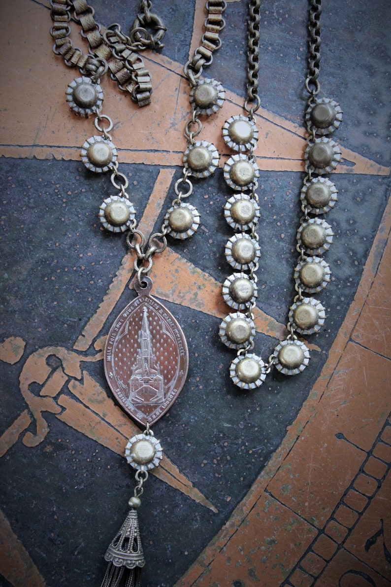 Sold to S The Apparition Necklace Set w/Rare Antique French Sculptural Bronze Marian Apparition Medal,Vintage Rivoli Crystal Chain,Antique Tassel