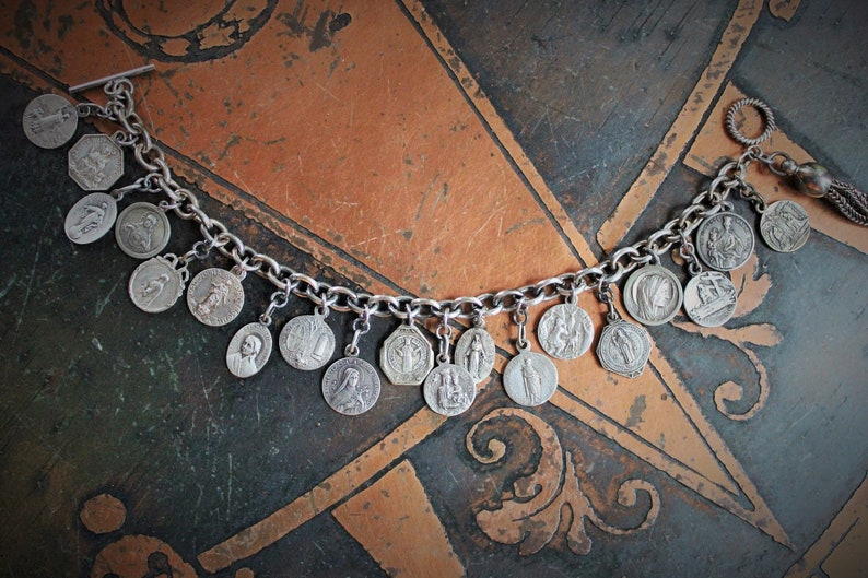 Antique Sterling Sacred Medals Bracelet w/19 Antique French Medals,Solid Sterling Link Chain,Antique Chain Tassel,Sterling Toggle Clasp