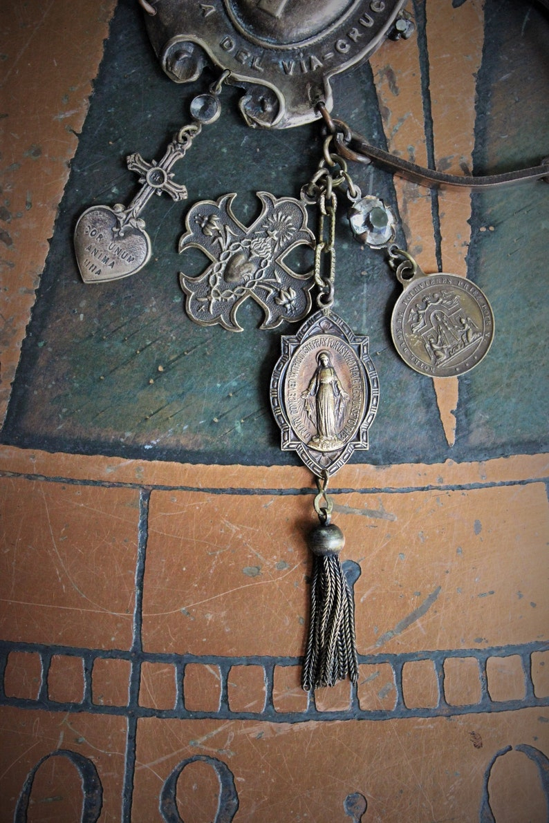 One Heart One Soul Bracelet w/Rare Antique French Bronze Medals,Way of The Cross Medallion,Antique Rock Crystal