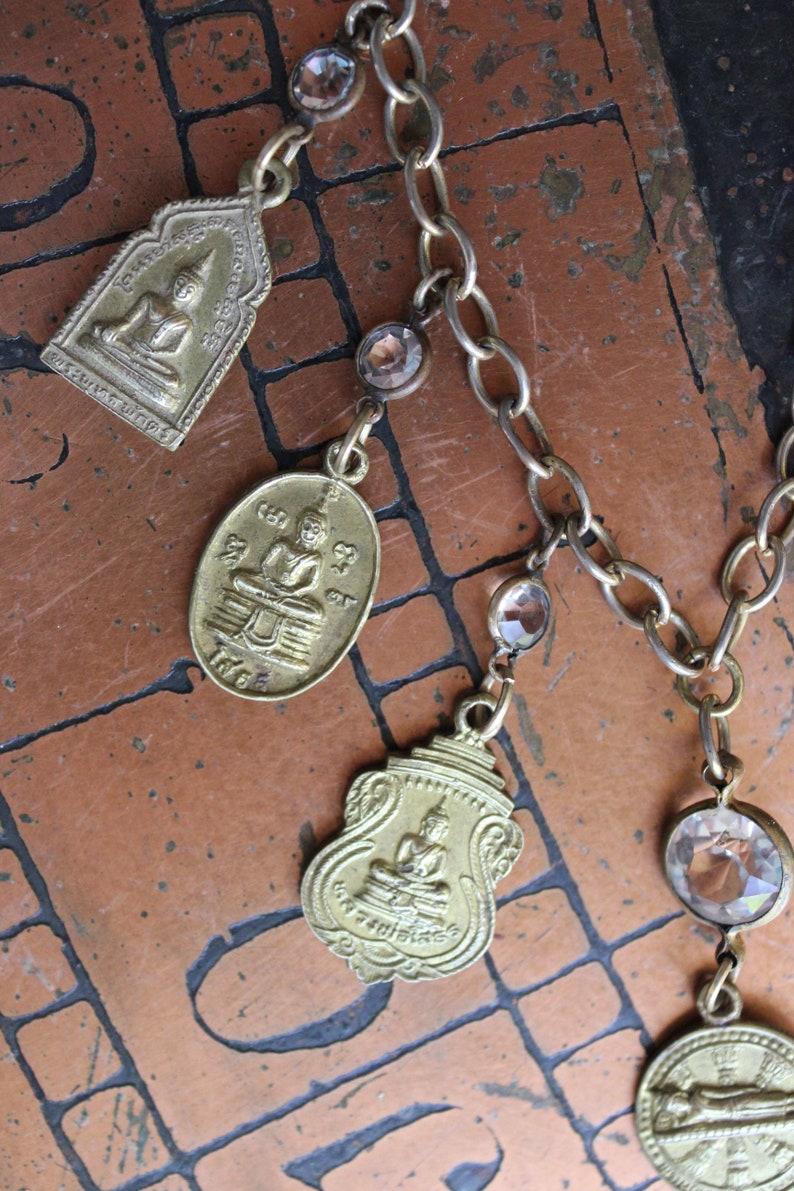 The Unity of Life Necklace w/7 Antique Buddha Sanskrit Medals,Carved Crystal Buddha,Antique Bezel Set Faceted Crystal Connectors+