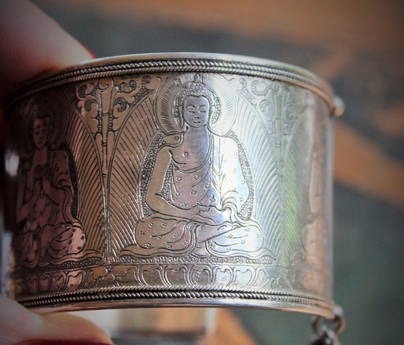 OOAK Antique Sterling Engraved 5 Buddha Cuff Bracelet w/Antique Silver Buddha Medal,Antique Faceted Crystal,Foxtail Chain Tassel