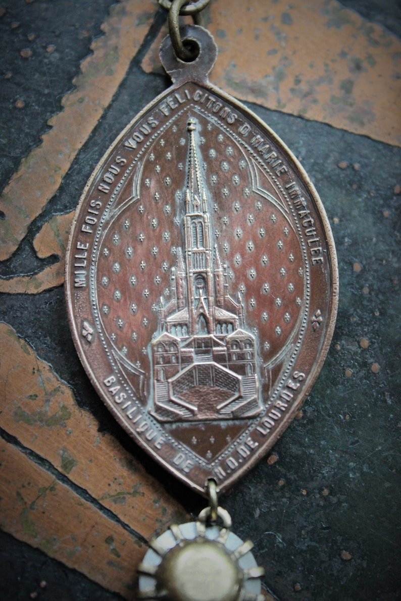 Sold to S The Apparition Necklace Set w/Rare Antique French Sculptural Bronze Marian Apparition Medal,Vintage Rivoli Crystal Chain,Antique Tassel