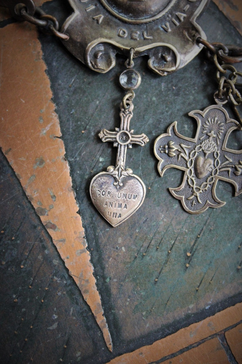 One Heart One Soul Bracelet w/Rare Antique French Bronze Medals,Way of The Cross Medallion,Antique Rock Crystal