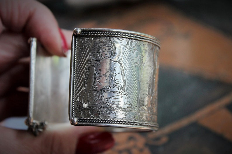OOAK Antique Sterling Engraved 5 Buddha Cuff Bracelet w/Antique Silver Buddha Medal,Antique Faceted Crystal,Foxtail Chain Tassel