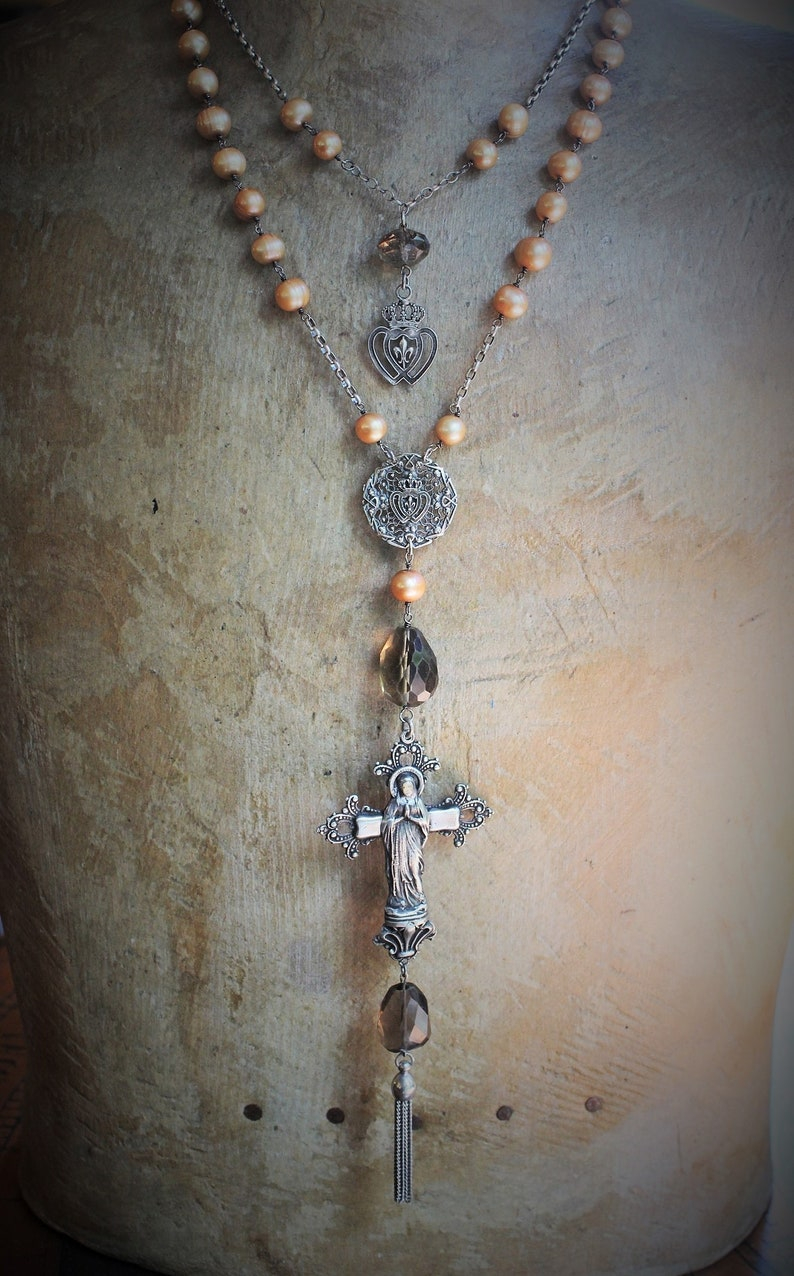 Love is the Soul's Life Necklace Set w/French Marian Cross,Sterling Fleur de Lis Finding,Crowned Hearts,Faceted Smoky Topaz