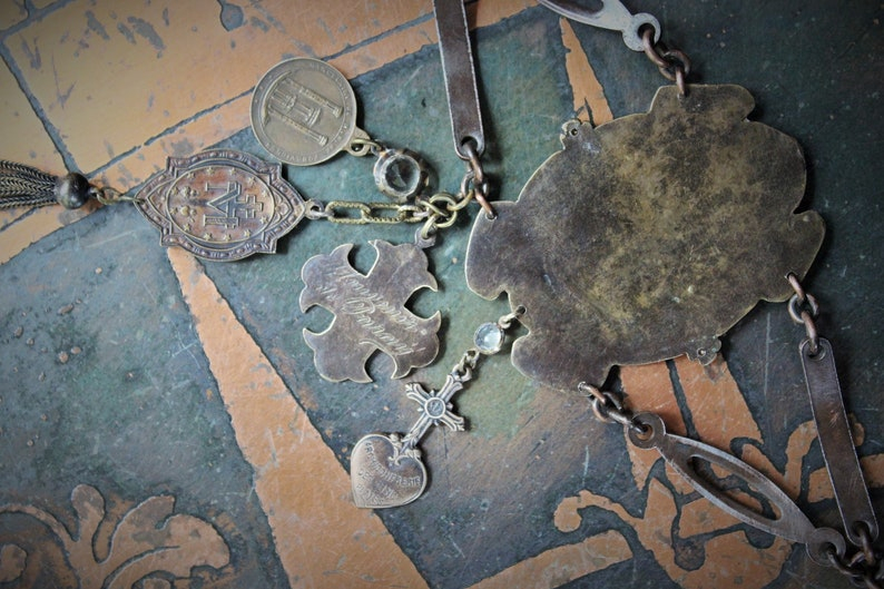 One Heart One Soul Bracelet w/Rare Antique French Bronze Medals,Way of The Cross Medallion,Antique Rock Crystal