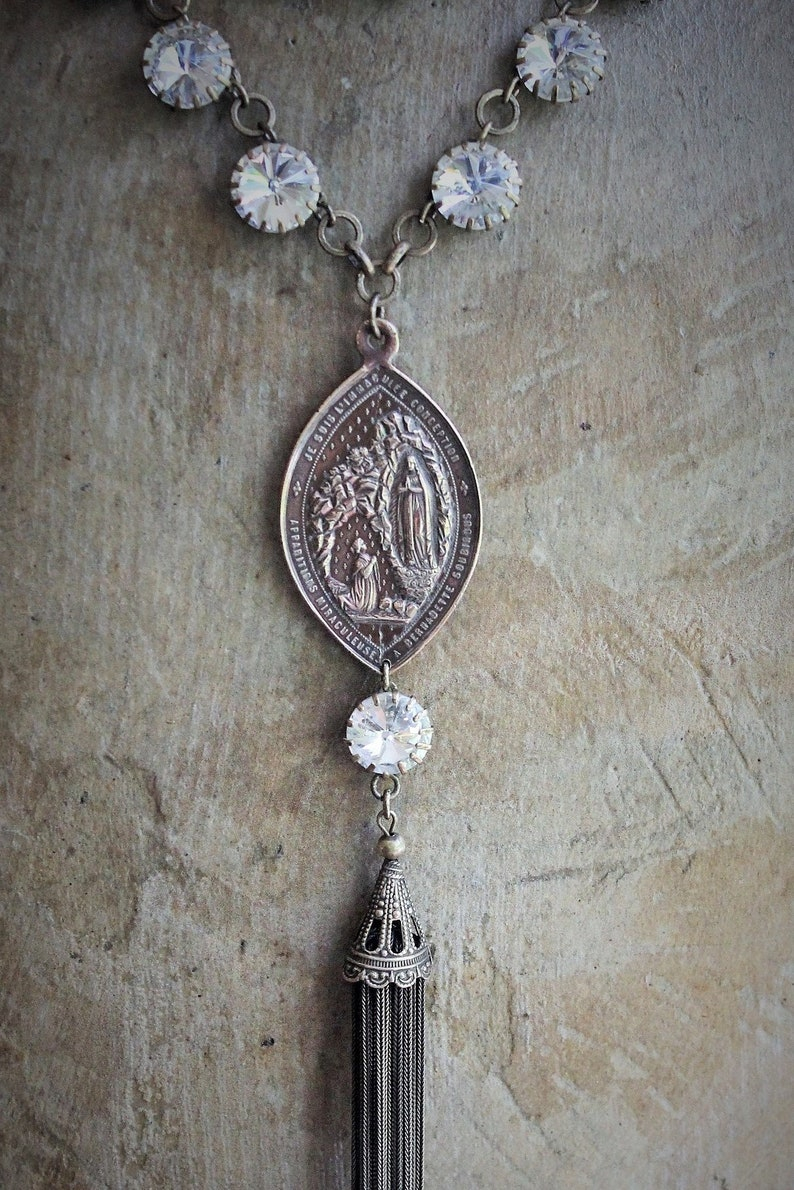 Sold to S The Apparition Necklace Set w/Rare Antique French Sculptural Bronze Marian Apparition Medal,Vintage Rivoli Crystal Chain,Antique Tassel