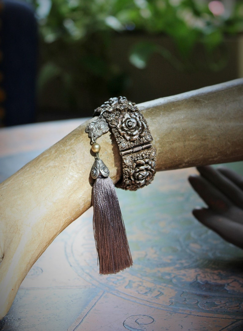 Hand Painted Antique Carved Rose Celluloid Bracelet w/Antique Sterling Rose Connector,Antique Sterling Rose,Capped Silk Tassel