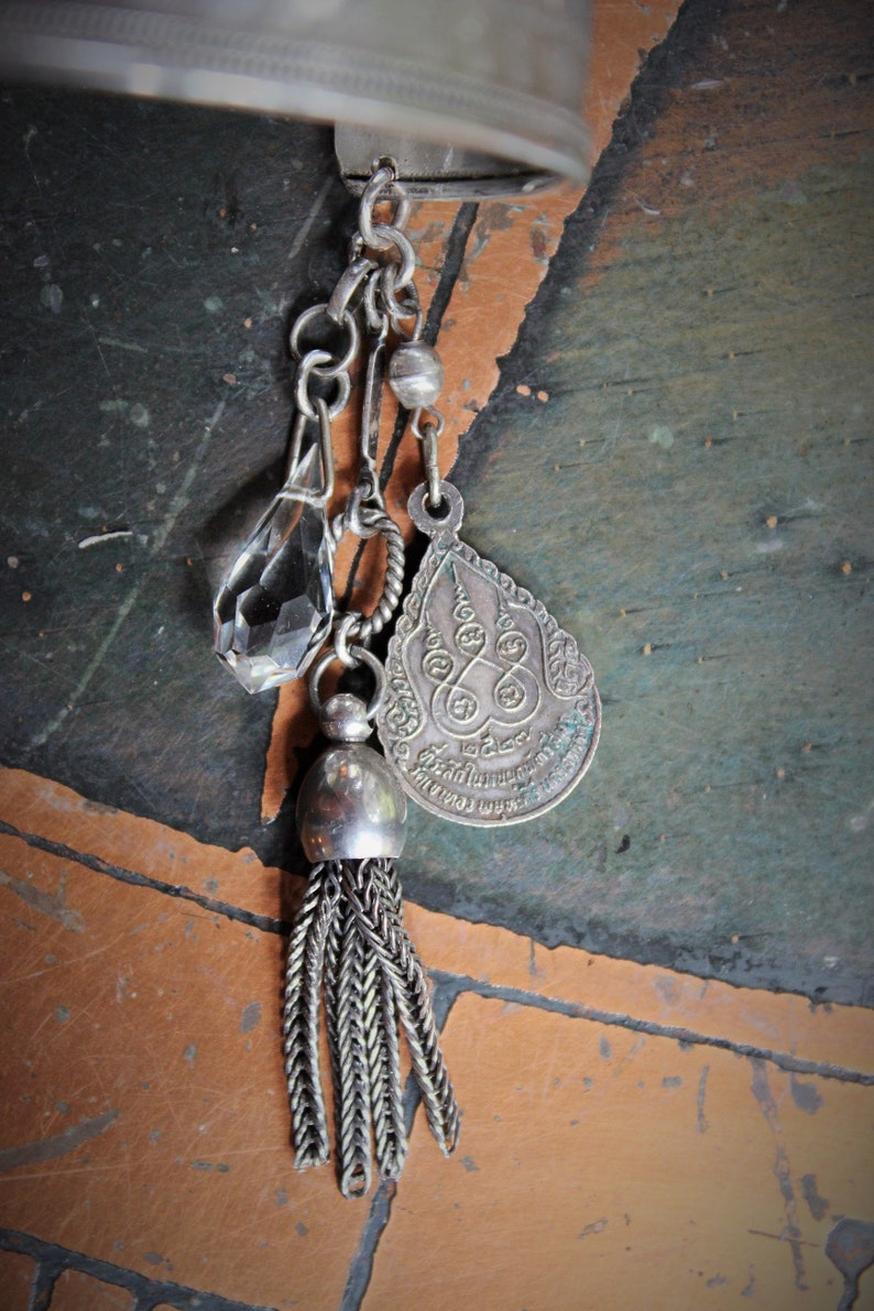 OOAK Antique Sterling Engraved 5 Buddha Cuff Bracelet w/Antique Silver Buddha Medal,Antique Faceted Crystal,Foxtail Chain Tassel
