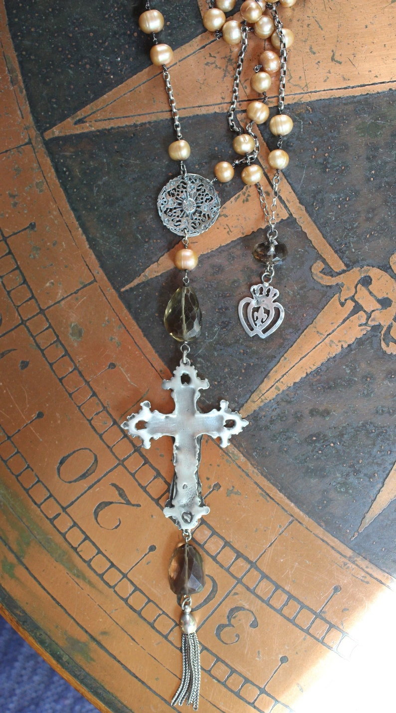 Love is the Soul's Life Necklace Set w/French Marian Cross,Sterling Fleur de Lis Finding,Crowned Hearts,Faceted Smoky Topaz