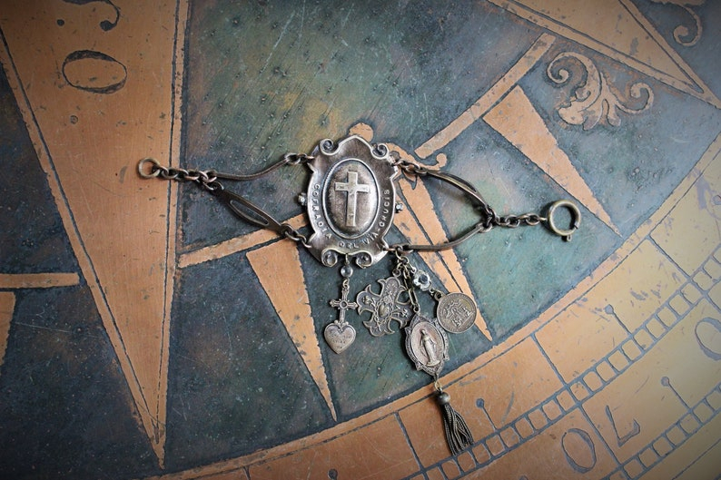 One Heart One Soul Bracelet w/Rare Antique French Bronze Medals,Way of The Cross Medallion,Antique Rock Crystal