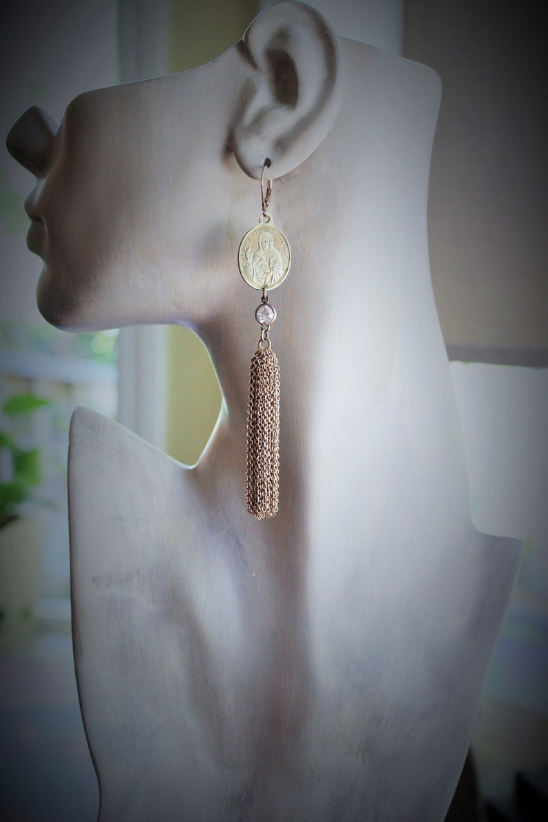 Rare Antique Our Lady of the Mountain of the Sun Medal Earrings w/Antique Notre Dame de Soleilmont Matching Medals,Antique Tassels+More