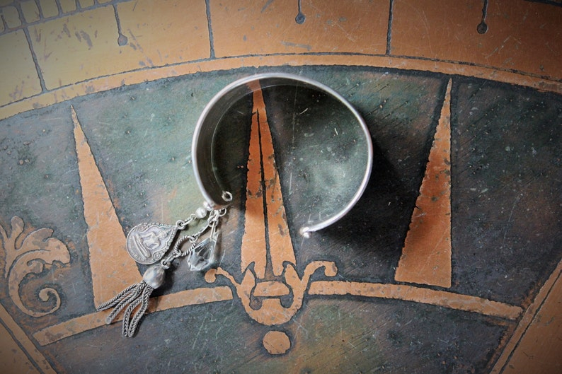 OOAK Antique Sterling Engraved 5 Buddha Cuff Bracelet w/Antique Silver Buddha Medal,Antique Faceted Crystal,Foxtail Chain Tassel