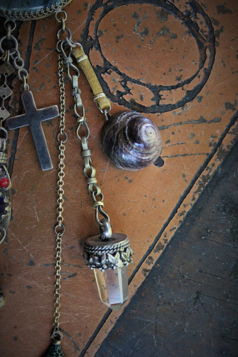 Gypsy Spirit Forgiveness Necklace w/Antique Loomed Cotton & Button "Chain",Incredible Labradorite Stone,Sterling 3 Swords Medal,Antique Scabbard,+++