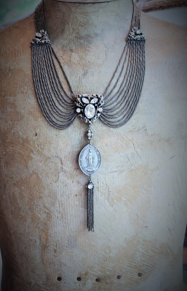 Antique Art Deco Necklace w/French Marian Medal,Draping Foxtail Chain & Tassel,Antique French Faceted Rhinestone Connectors
