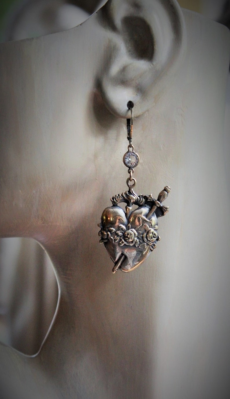 The Deeper that Sorrow Earrings w/Bronze Sacred Heart Medals,Antique Bezel Set Crystal Connectors,Bronze Earring Wires