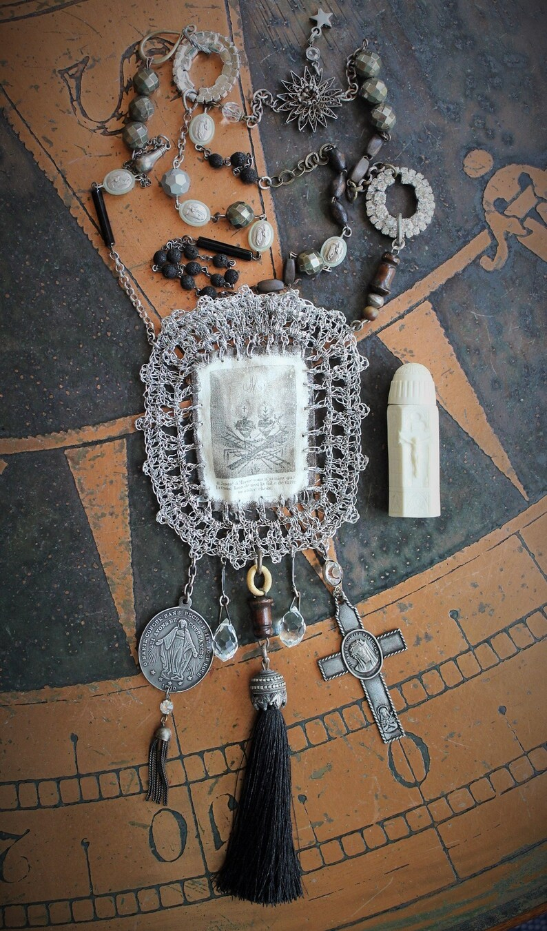 Antique Sacred Heart Blessing Bag w/Antique Holy Water Vessel,Multiple Antique Rosary & Bead Findings,Silk Black Tassel,Faceted Pyrite+