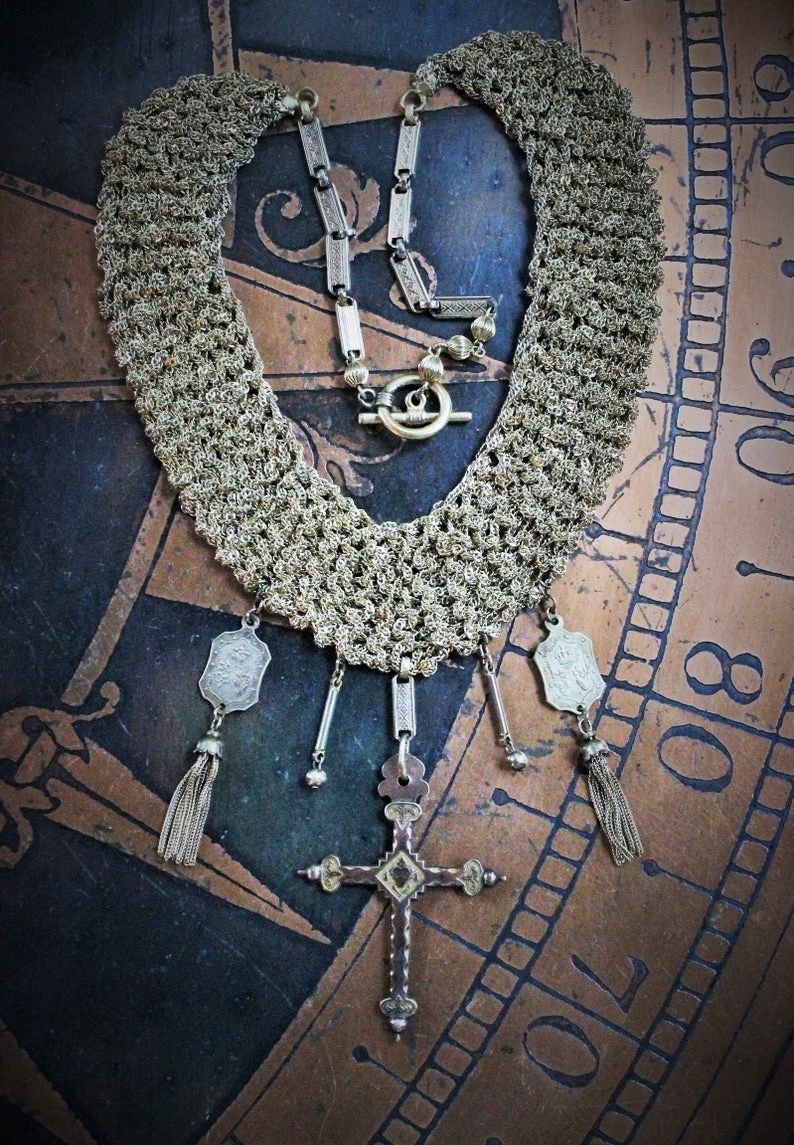 Crocheted Chain Necklace w/RARE Antique French Gold Sacred Heart Jeannette Cross,Matching Antique Crowned SH Medals,Antique Tassels