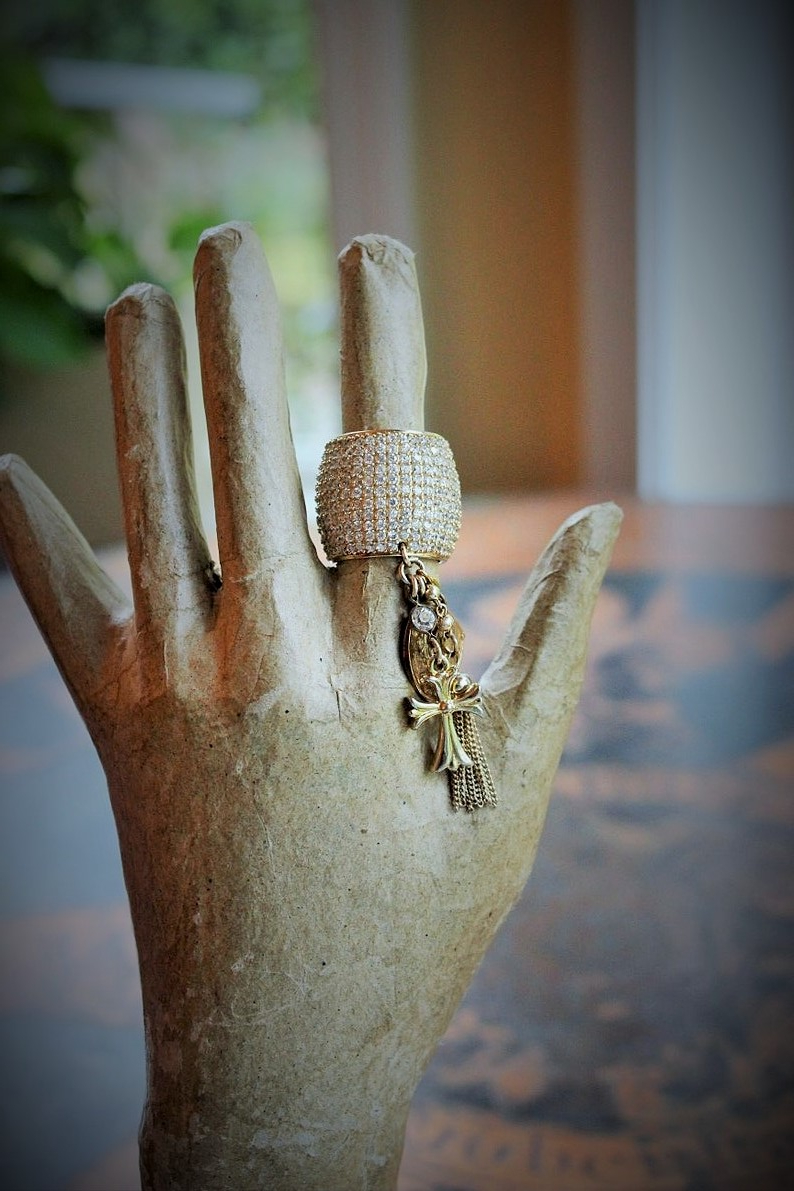 Amazing Wide Sterling Vermeil Pave Diamante Ring w/Antique French Medals,Tiny Gold Fill Tassel,Antique Bezel Set Crystal,Puffy Cross