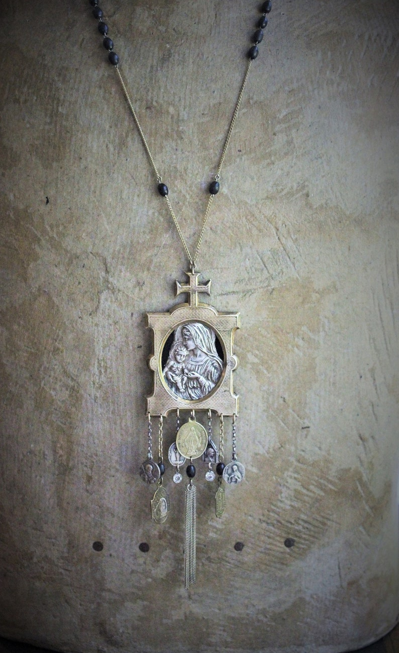 Into Her Arms Necklace w/Antique French Benitier Madonna & Child,Antique French Medals,Antique Tassel +More!