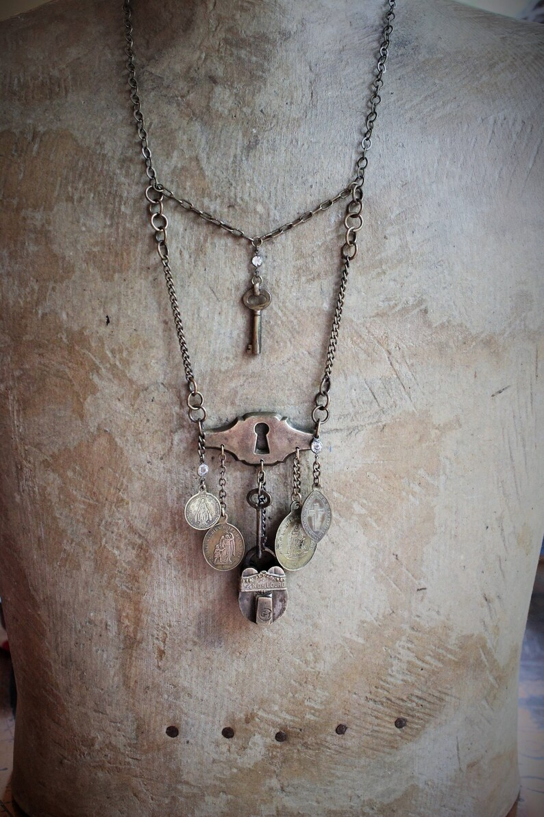 He Made the Key Necklace w/Tiny Antique Padlock & Original Key,Antique Keyhole Finding,Antique French Medals,Antique Muff Chain Crystals+ 