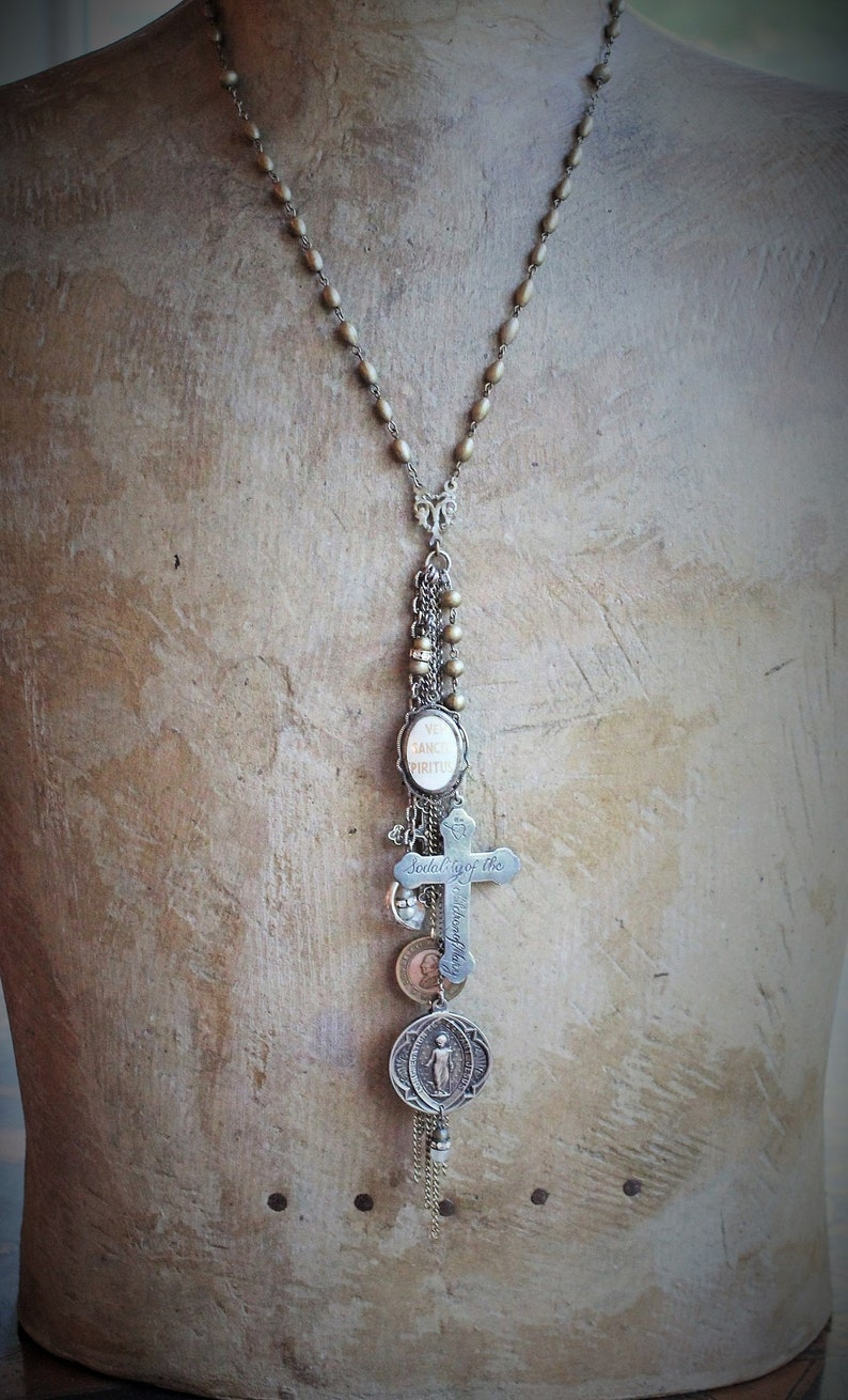 The Guardian Necklace w/Antique French Sterling Child Jesus Medal,1878 Virgin Medal,Rare Engraved Sodality Cross,Antique Child's Ring++