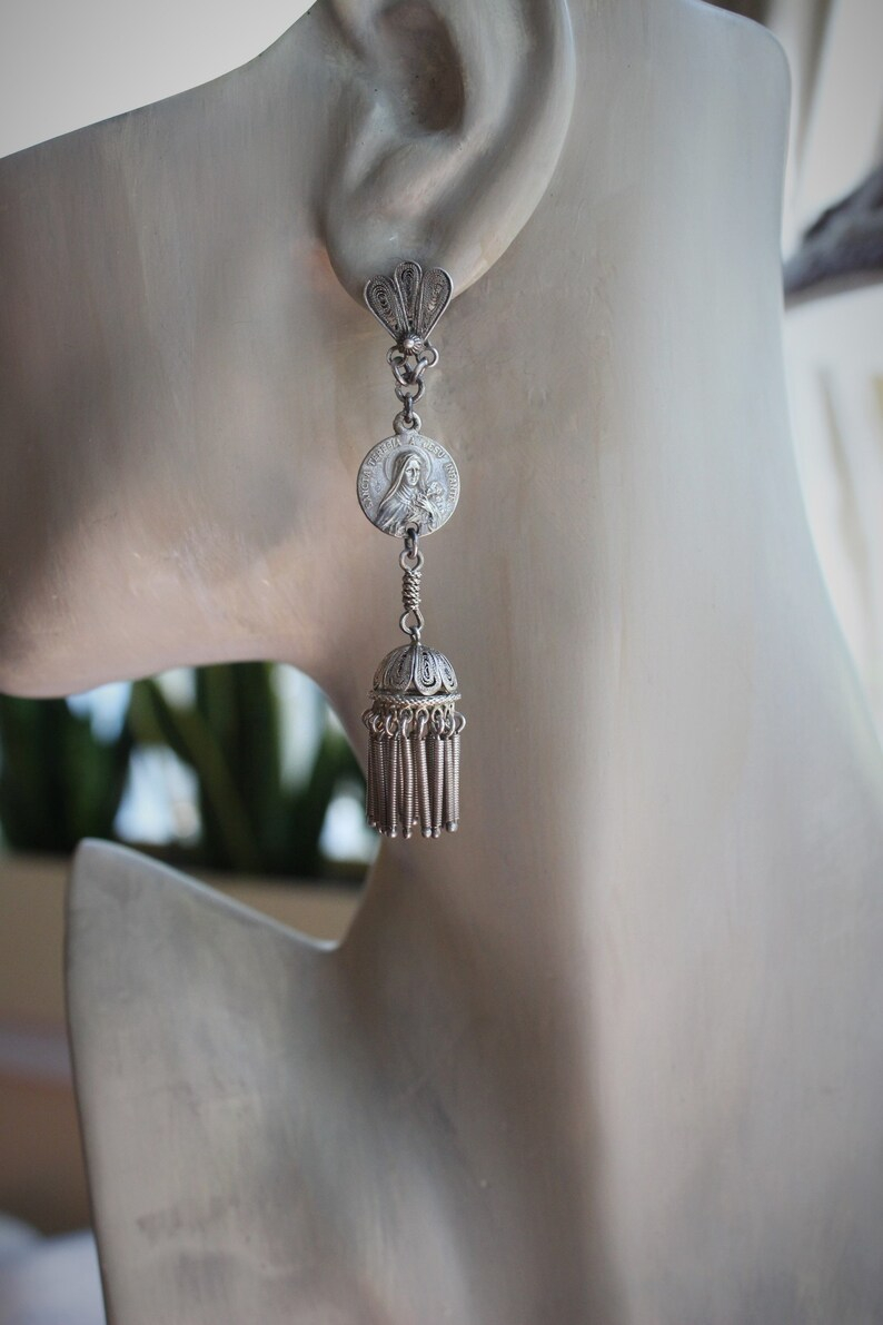 Shower of Roses Earrings w/Matching Antique French Saint Therese Medals,Antique 800 Silver Tassels and Findings