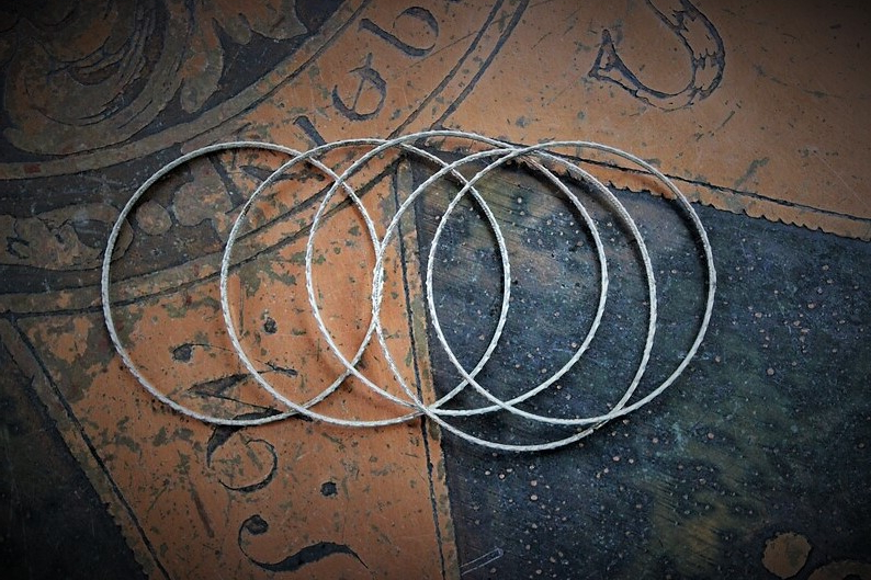 Set of 6 Antique Sterling Stacking Bangle Bracelets w/Rare Antique French Engraved Our Lady Medal,Antique Faceted Rock Crystal Tear Drop,Antique French Paste Connector & More!