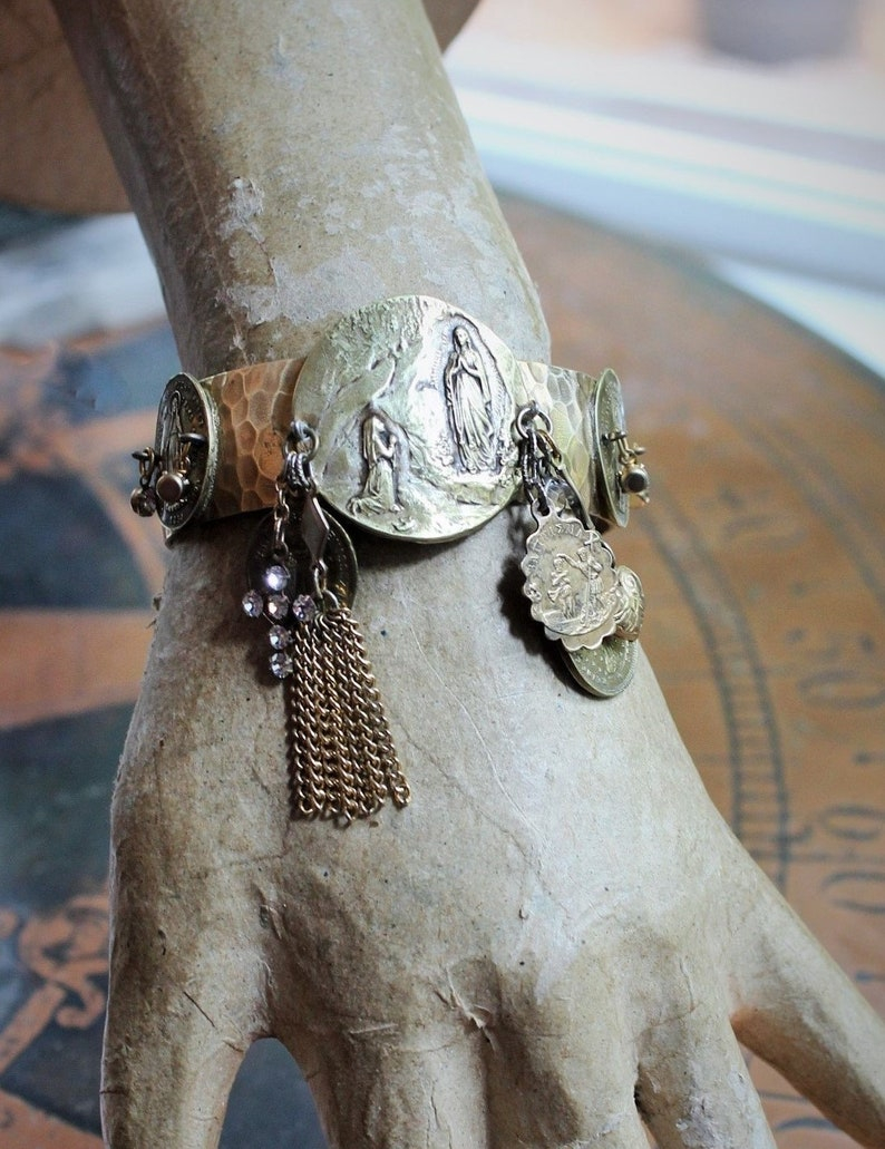 The Apparition Cuff Bracelet w/Antique French Benitier Marian Medal,Rare Antique Manger Scene Medal,Antique Prong Set Rhinestone Cross