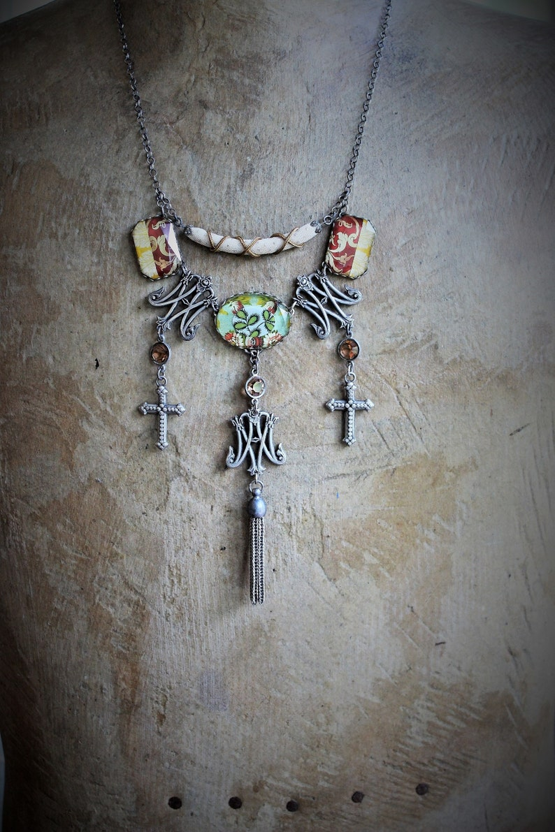 Ave Maria Necklace w/French Caron Freres Scrolled Initials AM Medals,Beveled Glass Connectors,French Crosses,Unique Fabric Finding