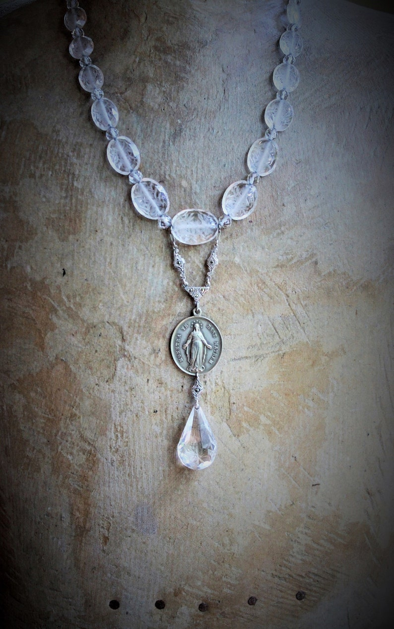 Mother Mary Necklace w/Antique Etched Rock Crystal Beads,Rare Sculptural Marian Medal,Antique Sterling Marcasite Connector,Faceted Glass Drop