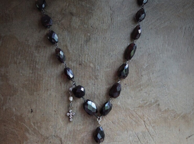Rare Faceted Almandine Garnet Necklace with Exceptional Antique Marian Medal, Antique Sterling Angel Wing, French Engraved "Fill my Heart with your Love" Cross & More!