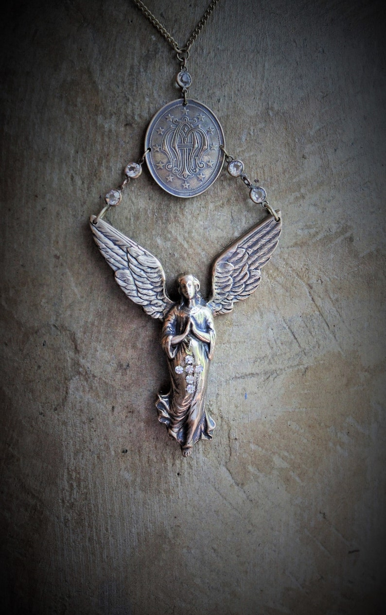 If I Listen Necklace w/Cast Bronze Winged Angel & Scrolled initials AM Medal,Antique Bezel Set Crystal Connectors,Vintage Link Chain