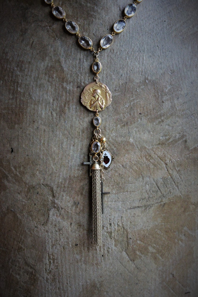 Still Standing Necklace w/RARE Antique French Jeanne D'Arc Broche Medal,Antique Gilt Faceted Crystal Chain,Antique Victorian Cross+More!