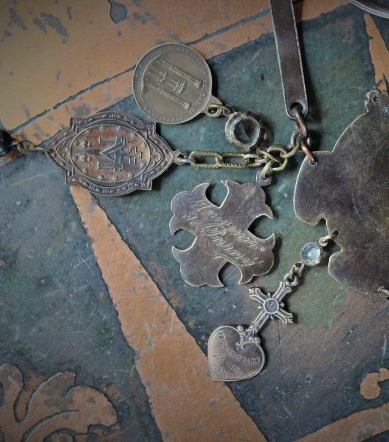 One Heart One Soul Bracelet w/Rare Antique French Bronze Medals,Way of The Cross Medallion,Antique Rock Crystal