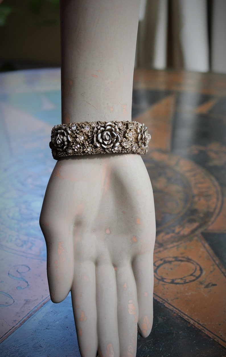 Hand Painted Antique Carved Rose Celluloid Bracelet w/Antique Sterling Rose Connector,Antique Sterling Rose Capped Silk Tassel