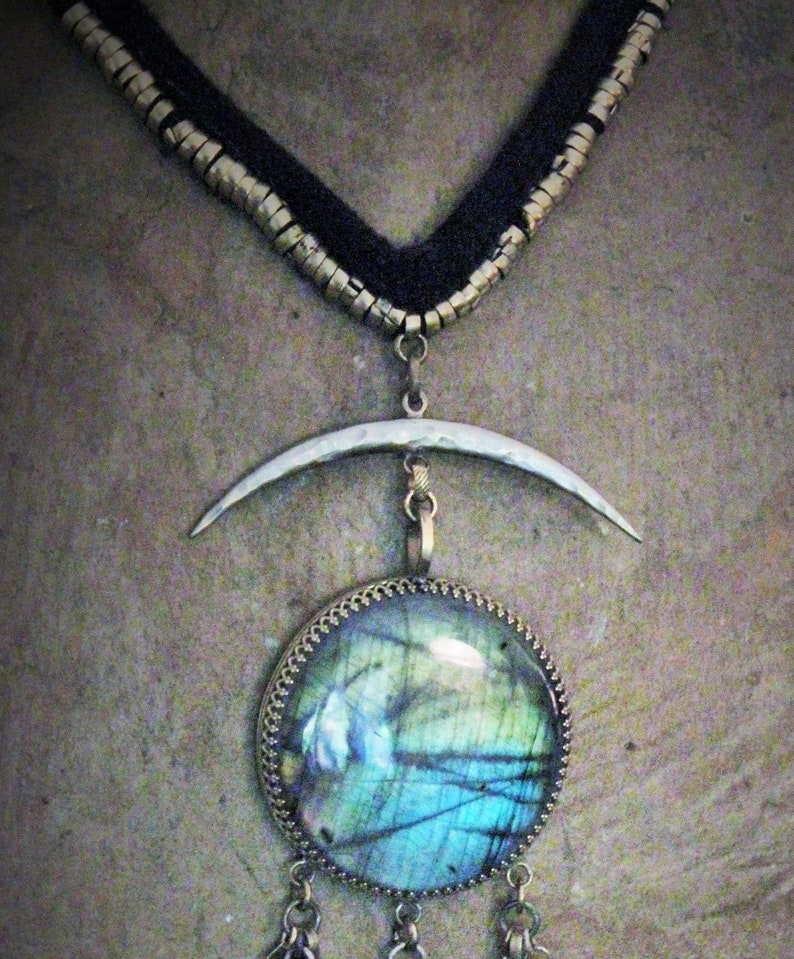 Gypsy Spirit Forgiveness Necklace w/Antique Loomed Cotton & Button "Chain",Incredible Labradorite Stone,Sterling 3 Swords Medal,Antique Scabbard,+++