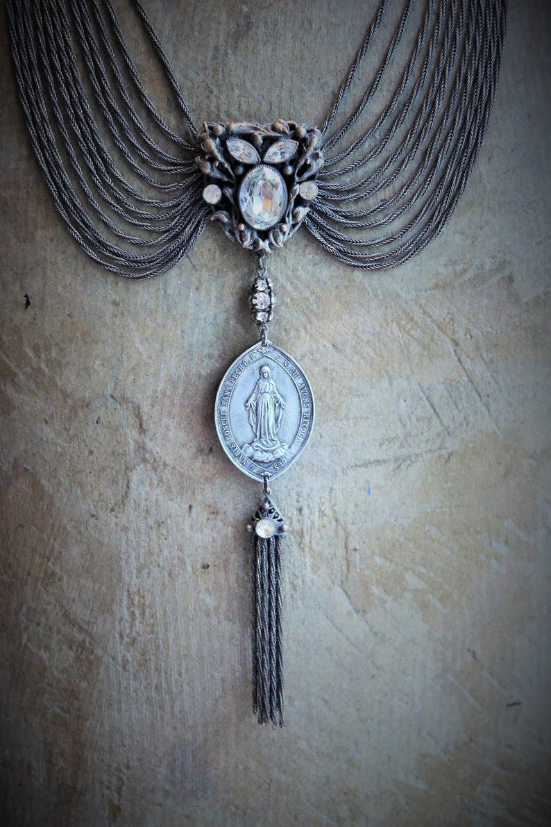 Antique Art Deco Necklace w/French Marian Medal,Draping Foxtail Chain & Tassel,Antique French Faceted Rhinestone Connectors