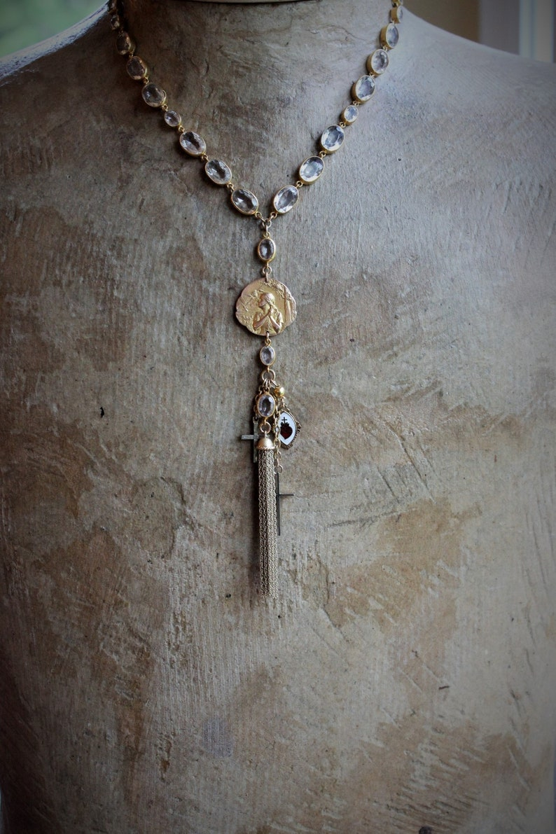 Still Standing Necklace w/RARE Antique French Jeanne D'Arc Broche Medal,Antique Gilt Faceted Crystal Chain,Antique Victorian Cross+More!