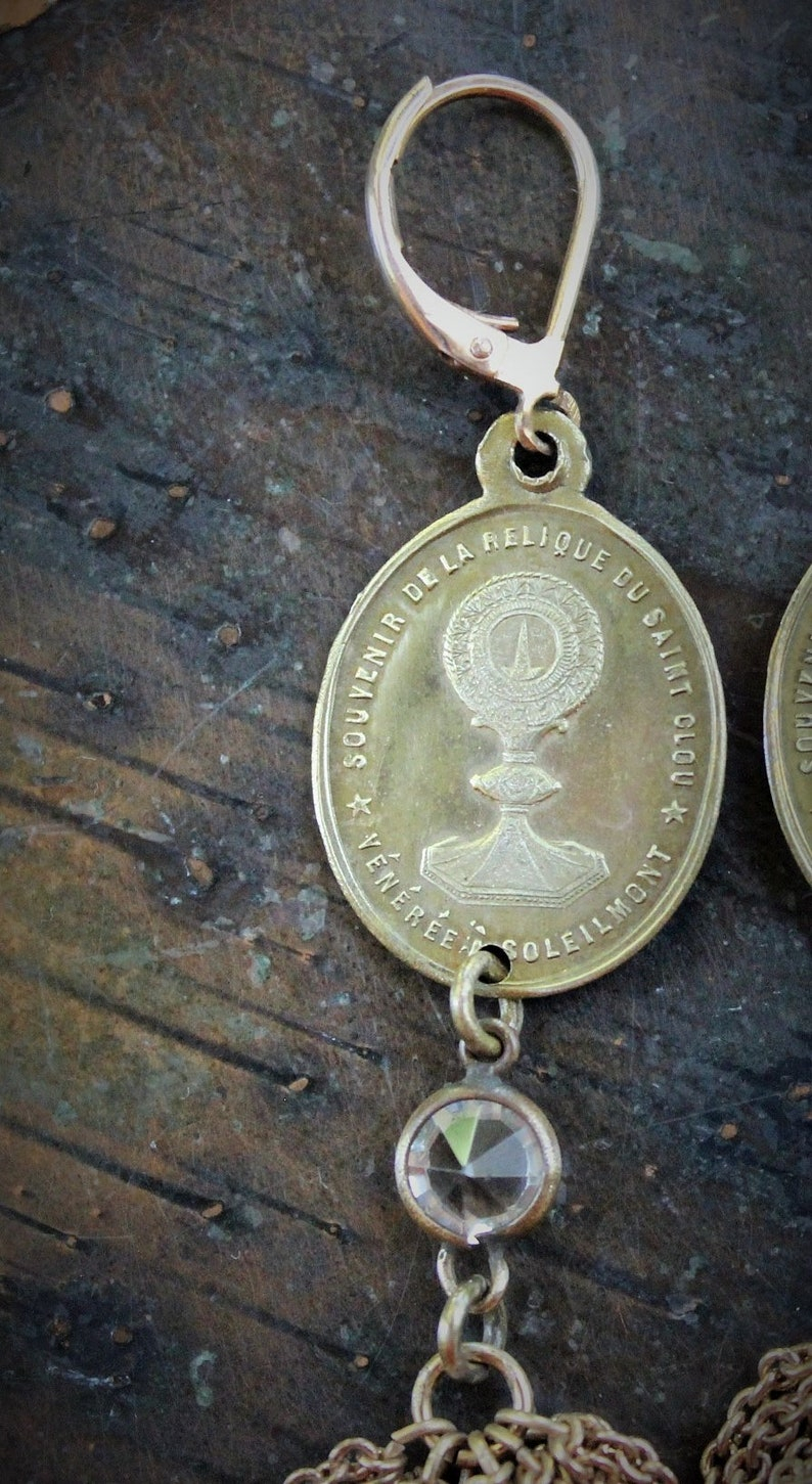 Rare Antique Our Lady of the Mountain of the Sun Medal Earrings w/Antique Notre Dame de Soleilmont Matching Medals,Antique Tassels+More
