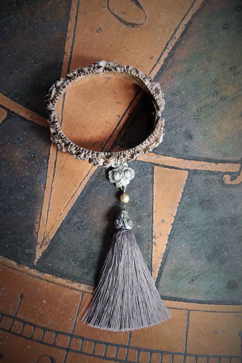 Hand Painted Antique Carved Rose Celluloid Bracelet w/Antique Sterling Rose Connector,Antique Sterling Rose Capped Silk Tassel