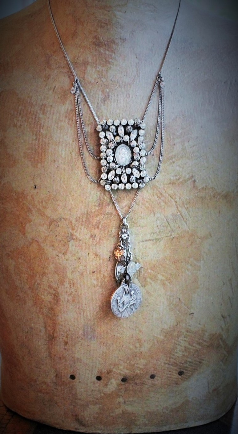 Antique Paste Sterling Chain Necklace w/Rare Antique Queen of the Clergy-St. Tarticisius Medal,Rare Antique Rose Mary+ Rare Cross Heart