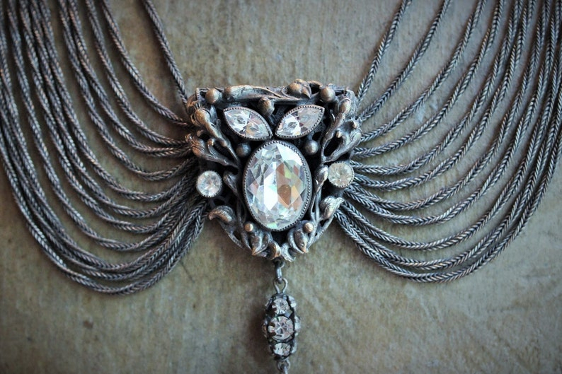 Antique Art Deco Necklace w/French Marian Medal,Draping Foxtail Chain & Tassel,Antique French Faceted Rhinestone Connectors