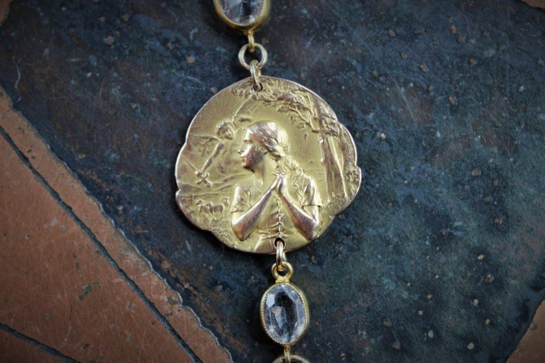 Still Standing Necklace w/RARE Antique French Jeanne D'Arc Broche Medal,Antique Gilt Faceted Crystal Chain,Antique Victorian Cross+More!