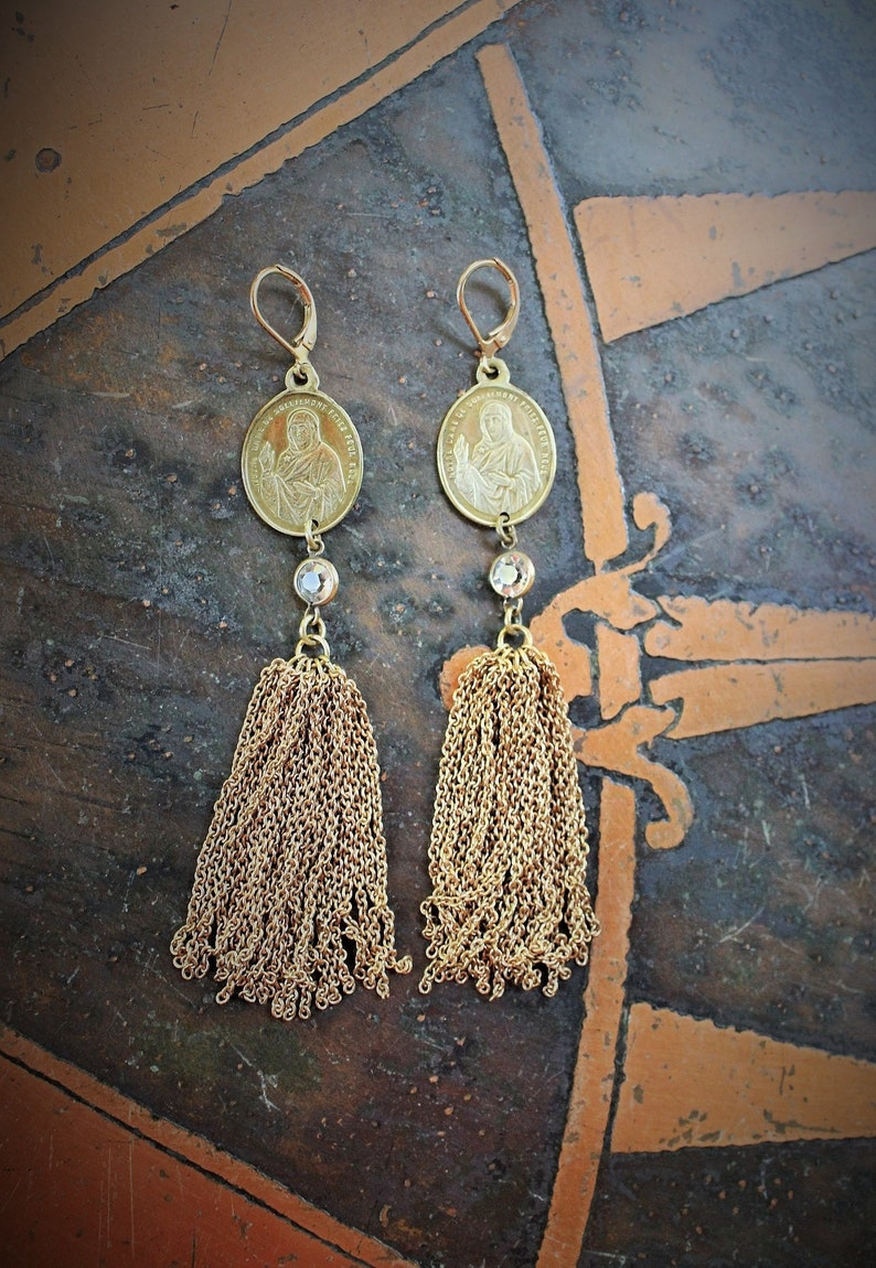 Rare Antique Our Lady of the Mountain of the Sun Medal Earrings w/Antique Notre Dame de Soleilmont Matching Medals,Antique Tassels+More