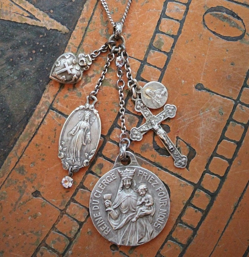 Antique Paste Sterling Chain Necklace w/Rare Antique Queen of the Clergy-St. Tarticisius Medal,Rare Antique Rose Mary+ Rare Cross Heart