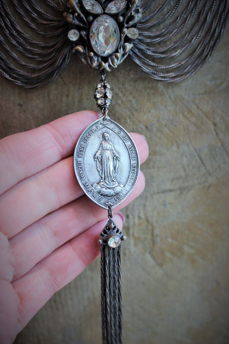Antique Art Deco Necklace w/French Marian Medal,Draping Foxtail Chain & Tassel,Antique French Faceted Rhinestone Connectors