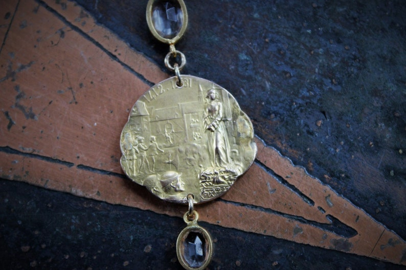 Still Standing Necklace w/RARE Antique French Jeanne D'Arc Broche Medal,Antique Gilt Faceted Crystal Chain,Antique Victorian Cross+More!